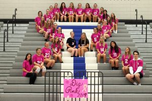 Team members sit on the school bleachers in a breast cancer ribbon formation.